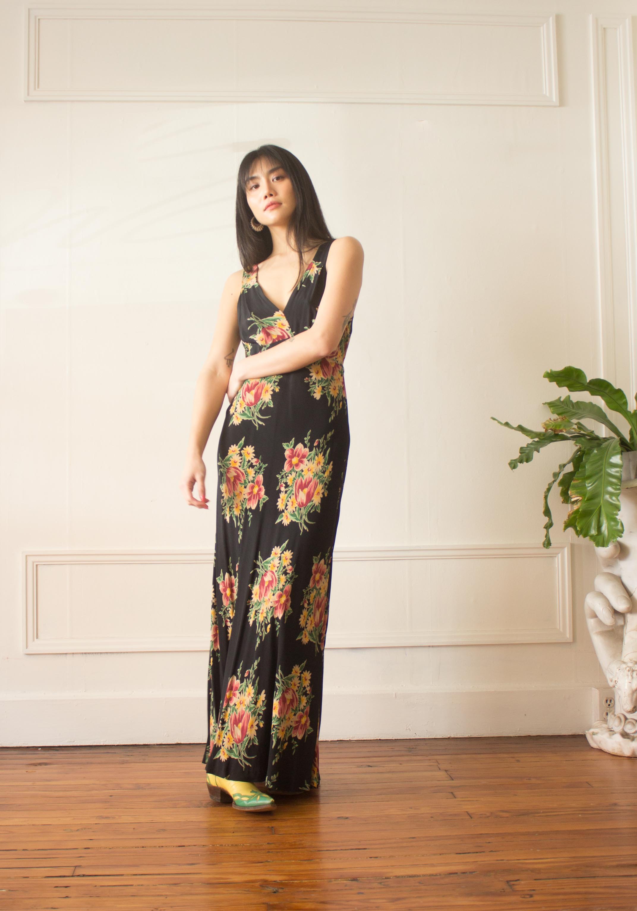 1990s Betsey Johnson Black Label Floral Print Bias Cut Slip Dress